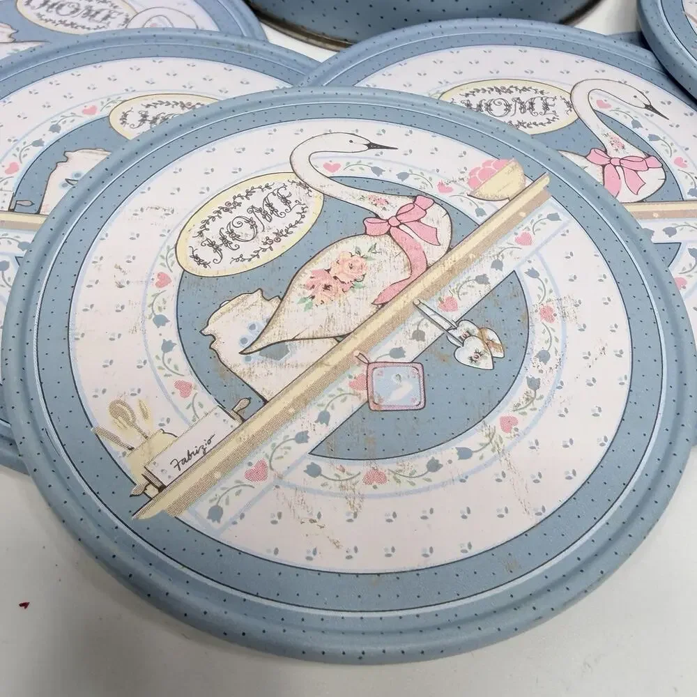 Set 7 Vintage Goose Geese Bow Metal Tin Coasters Blue Pink Cottagecore